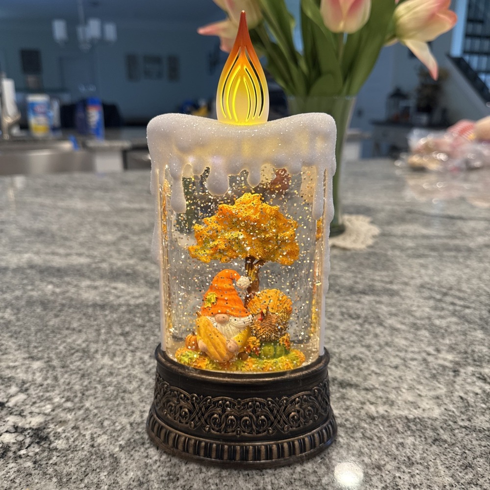 Fall Snow Globe Lantern Lighted Gnome Turkey Candle Shape Thanksgiving